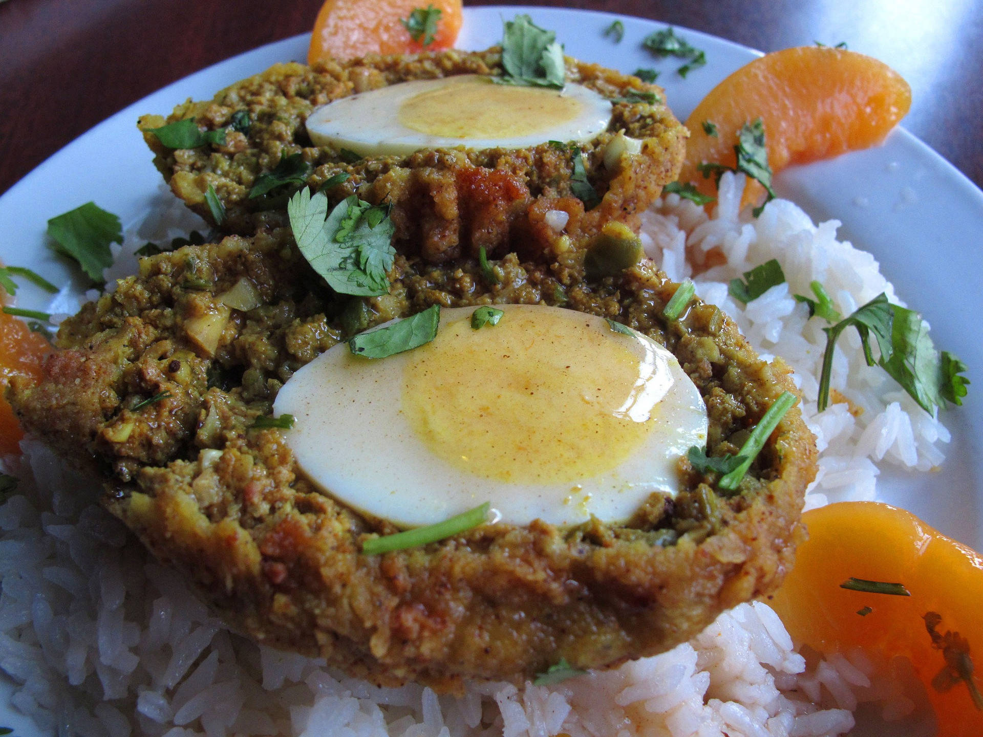 Traditional British Scotch Egg Dish On Rice Background