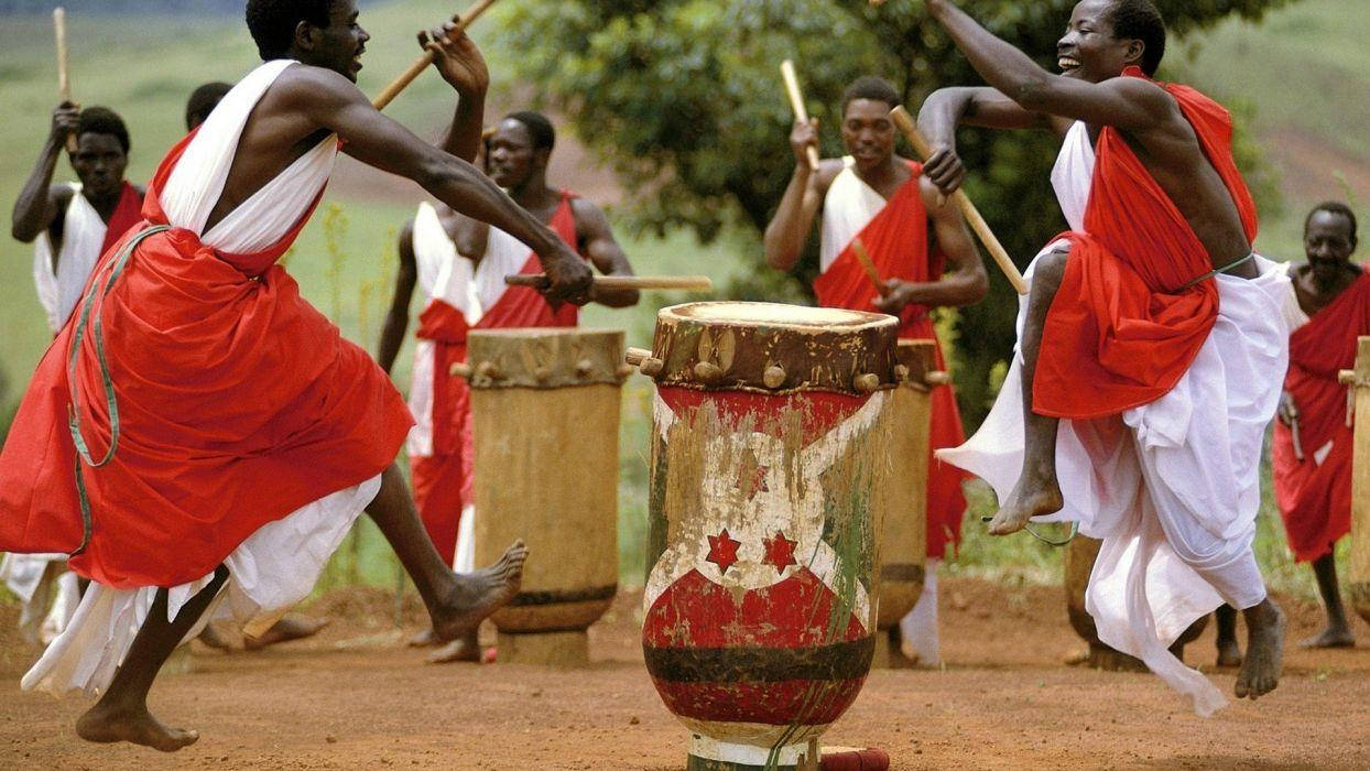 Traditional Burundian Drummers Performing A Ritual