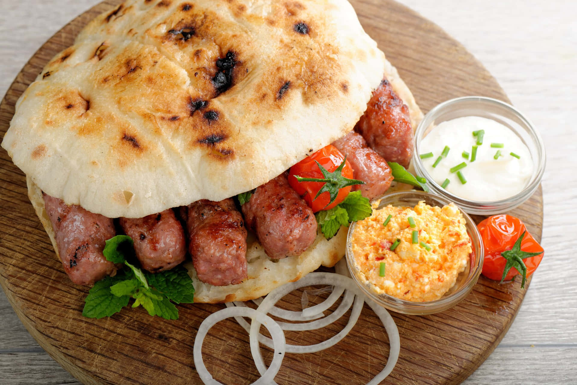 Traditional Cevapi Burger With Fresh Tomatoes Background