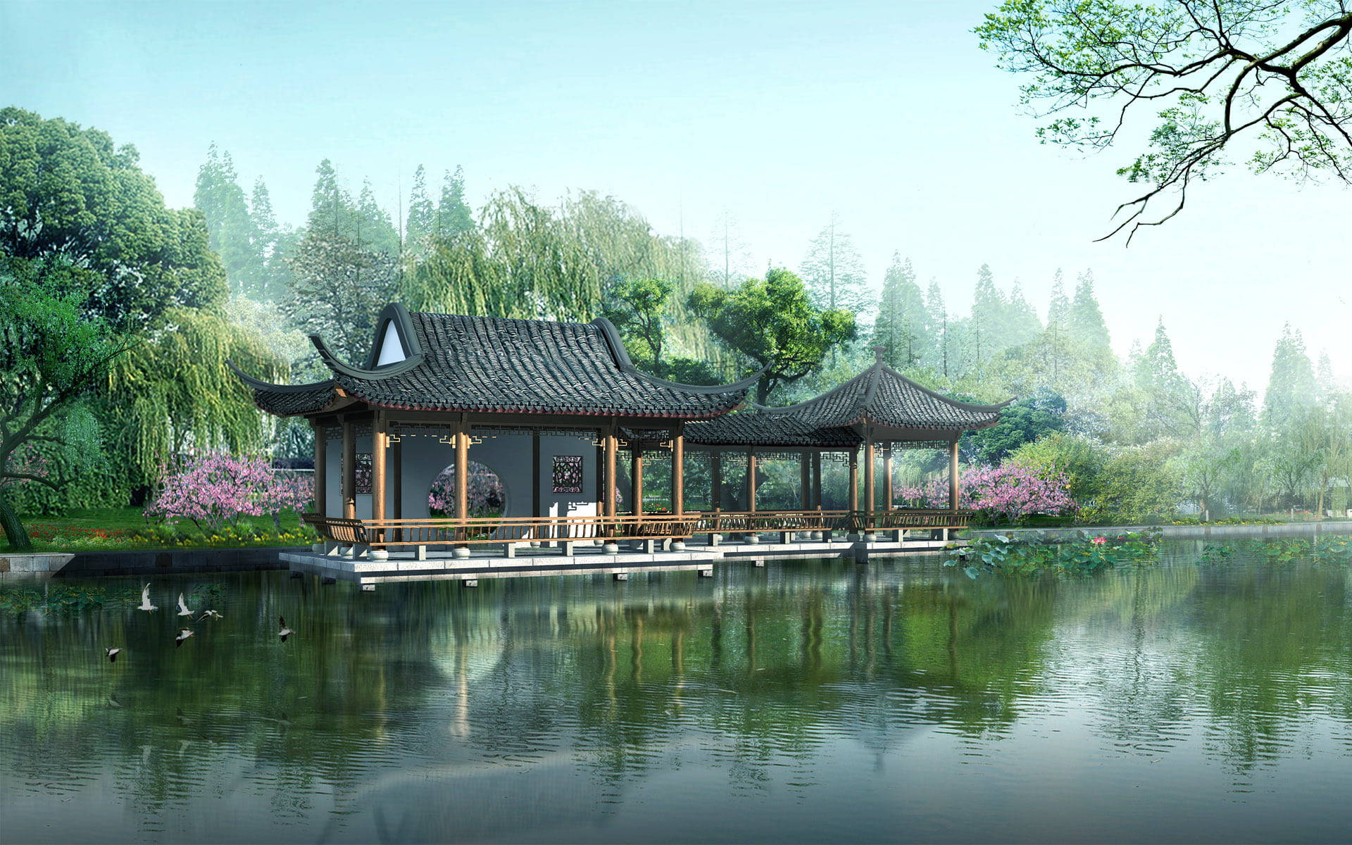 Traditional Chinese House Digital Illustration Background