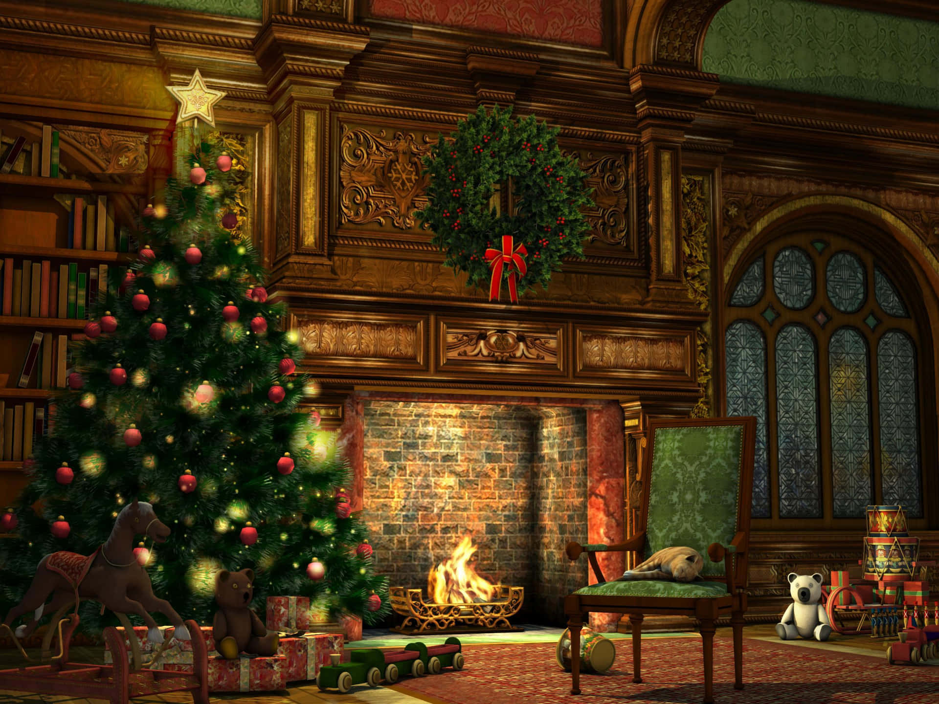 Traditional Christmas Fireplace Scene Background