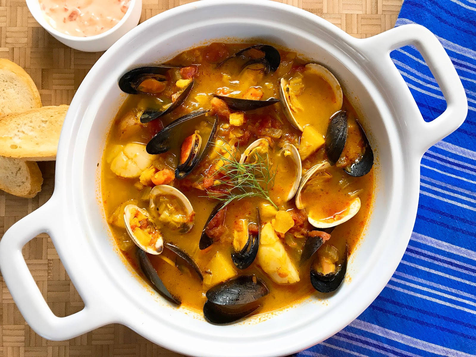 Traditional French Bouillabaisse Served With Crusty Bread Background