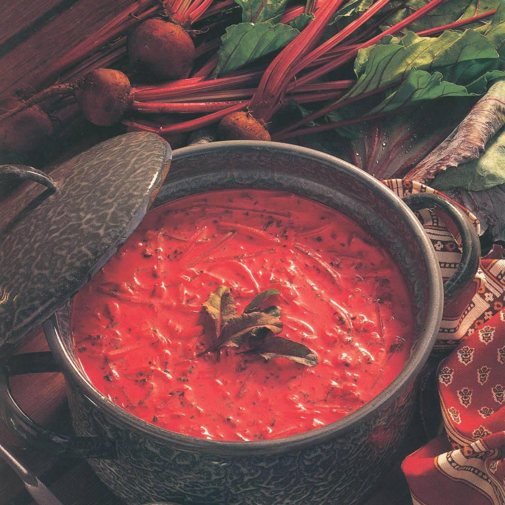 Traditional, Hearty Borscht Served In A Hot Pot Background