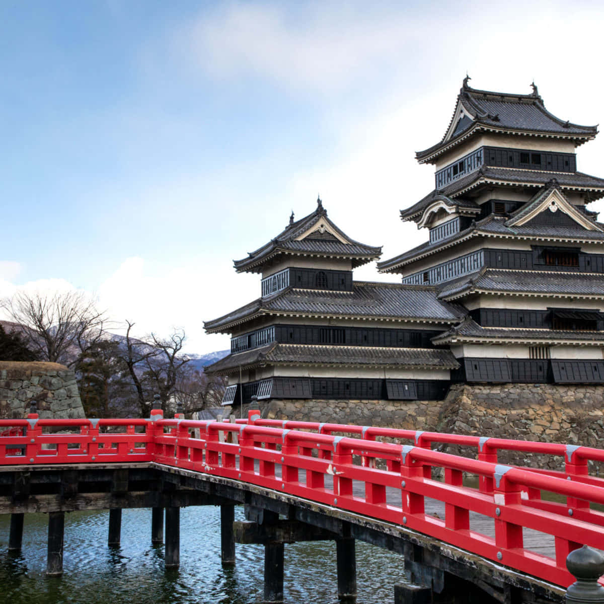 Traditional Japanese Wooden Bridge Over The Moat Of Matsumoto Castle Background