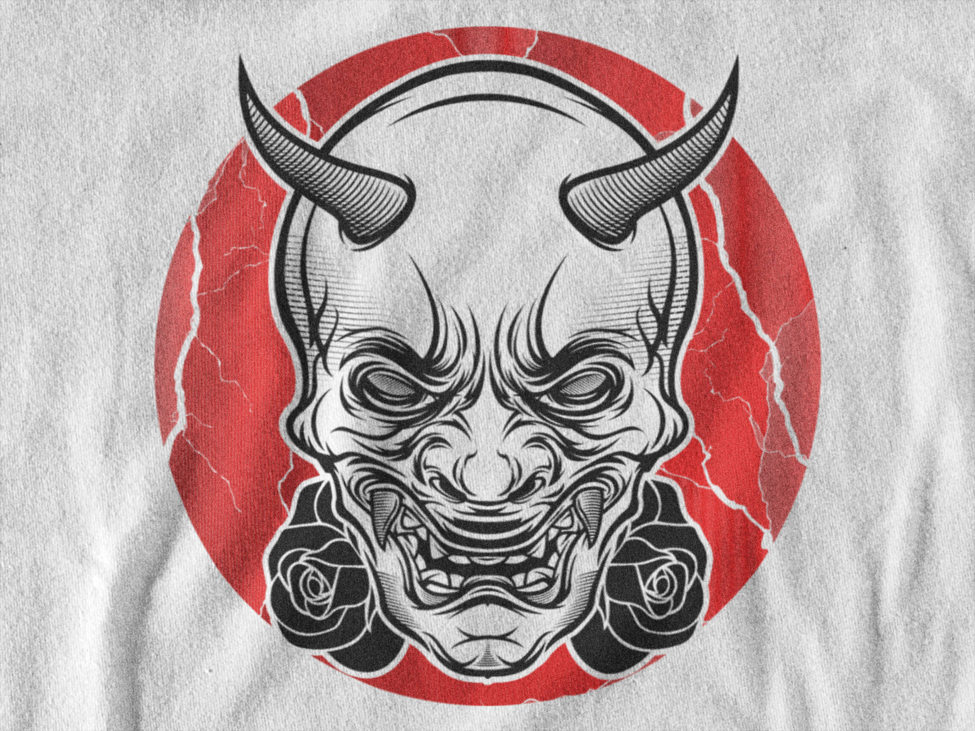 Traditional Oni Mask Adorned With Blossoming Roses Background