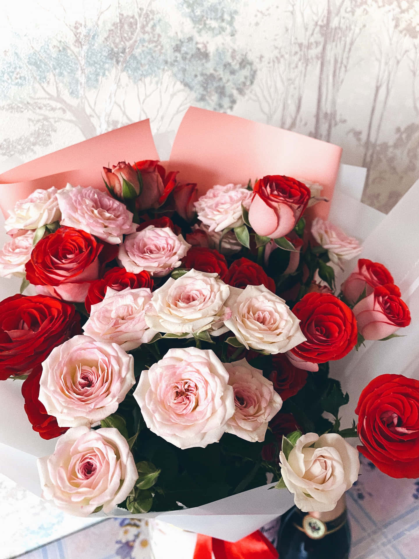 Traditional Red & Pale Pink Garden Rose Bouquet Background