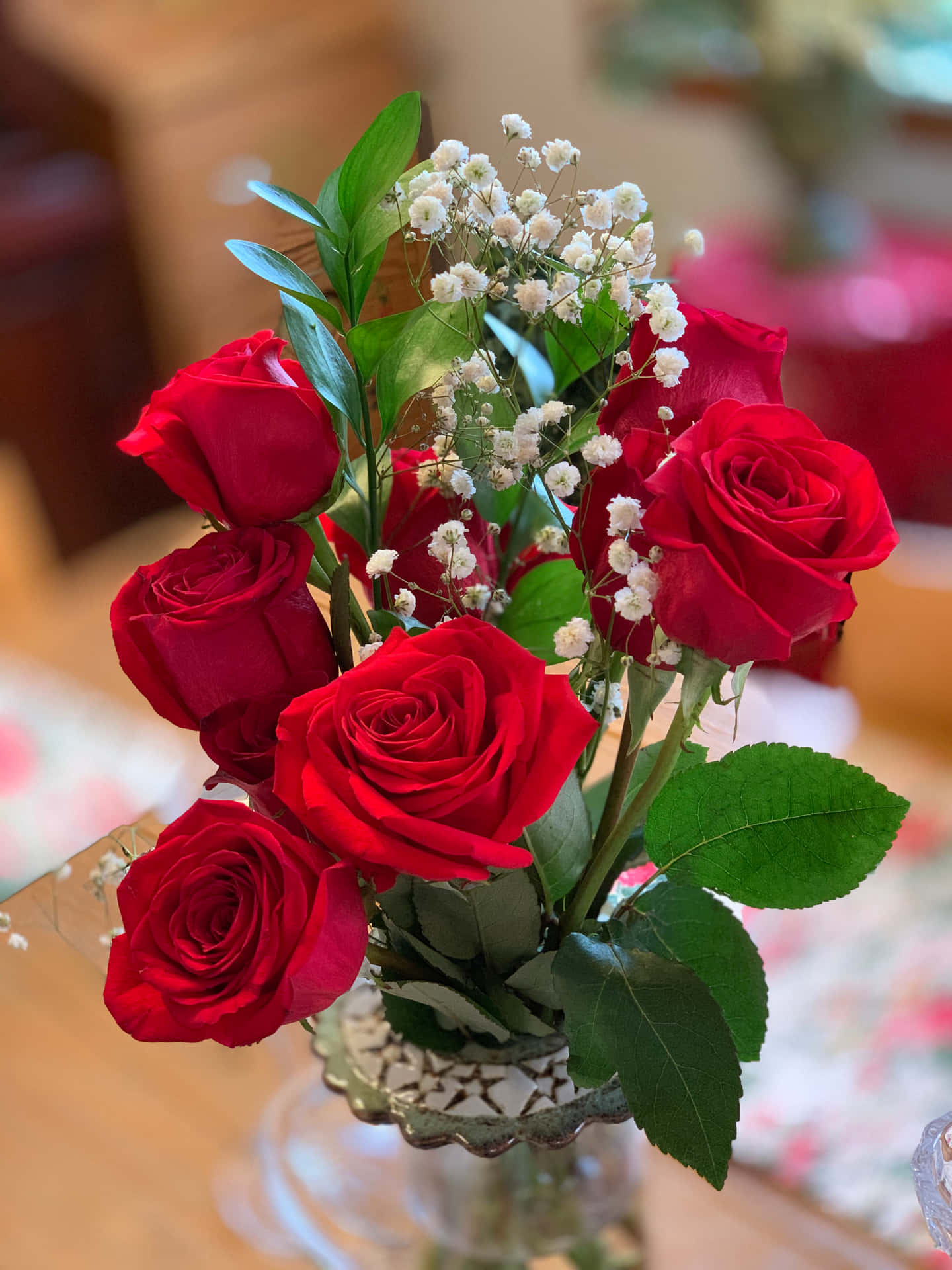 Traditional Red Rose Bouquet With Babys Breathe Flowers