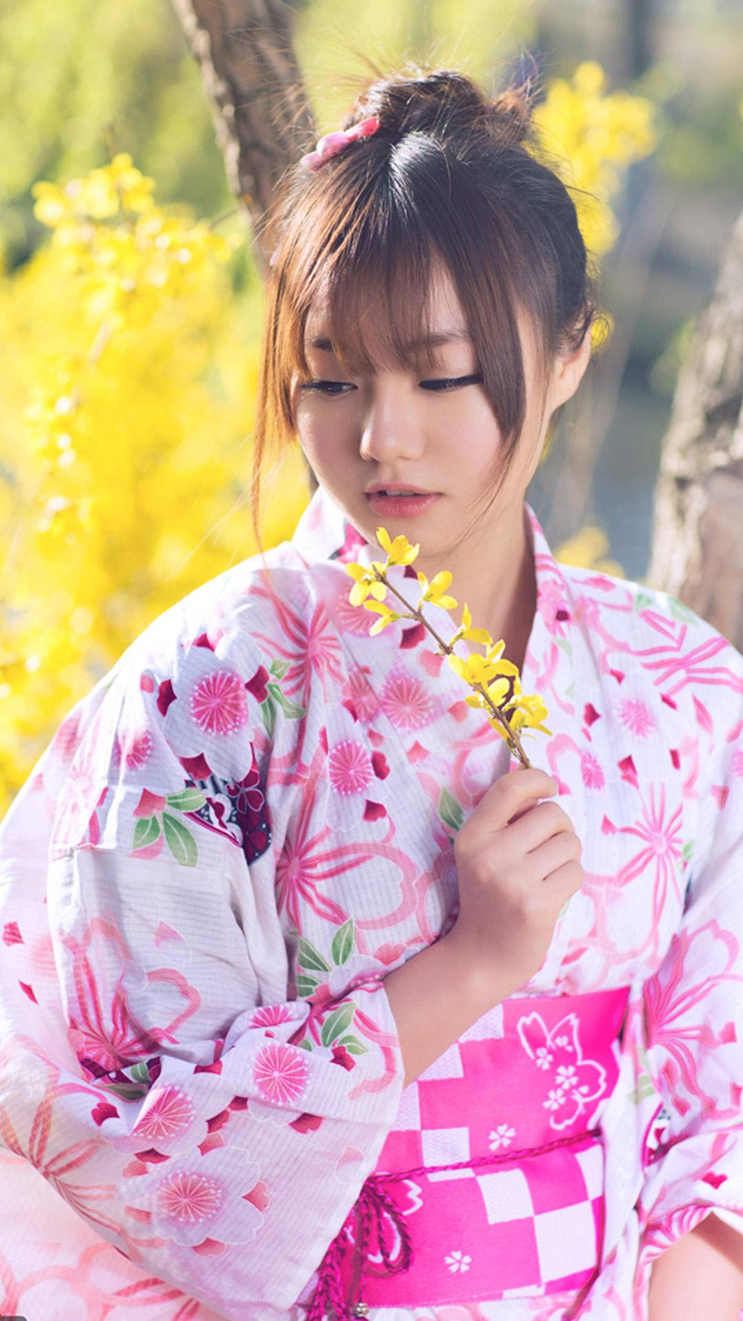 Traditional Tokyto Japan Girl With Flowers Background