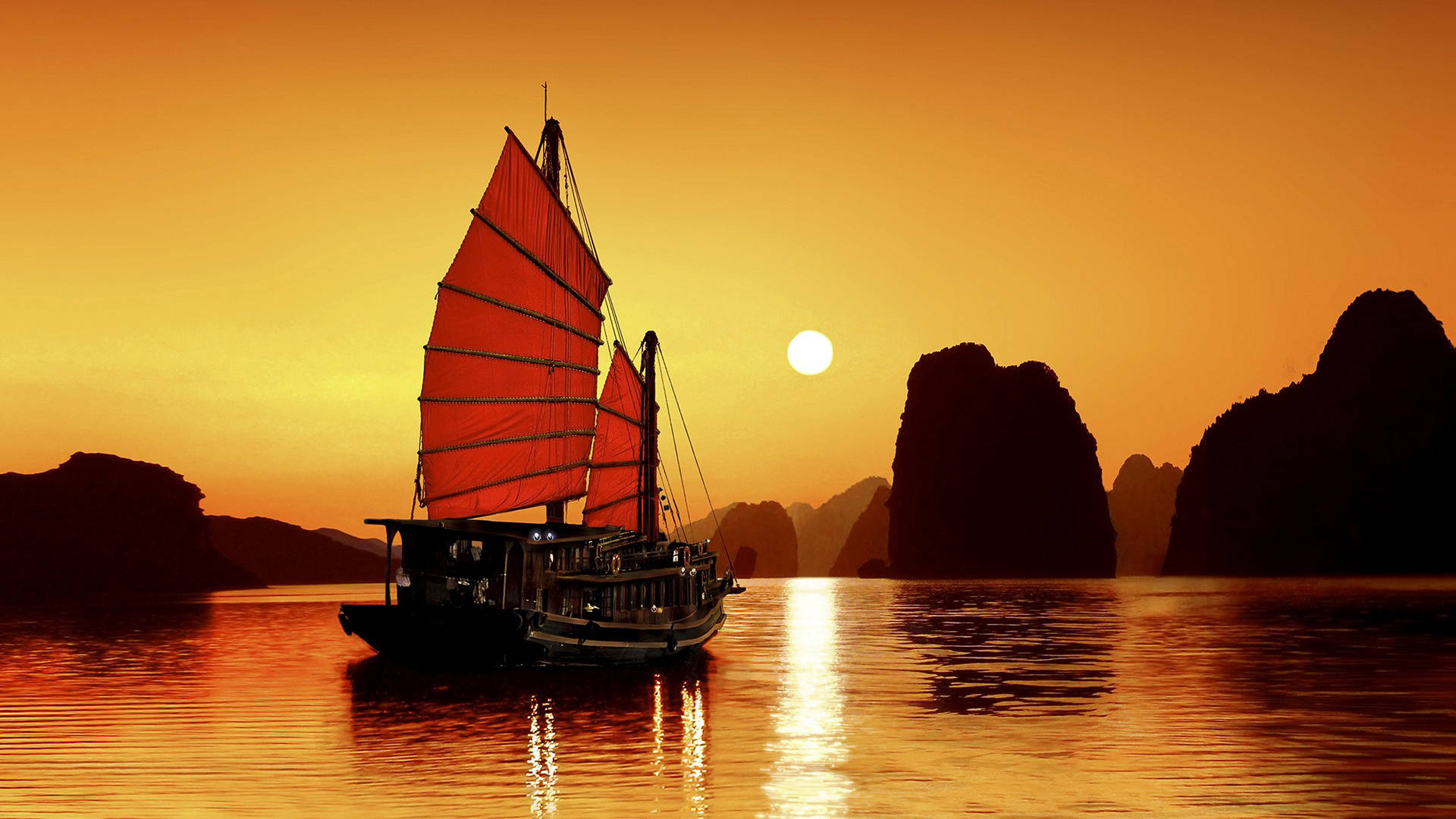 Traditional Vietnamese Junk Boat Cruising On Tranquil Waters Background