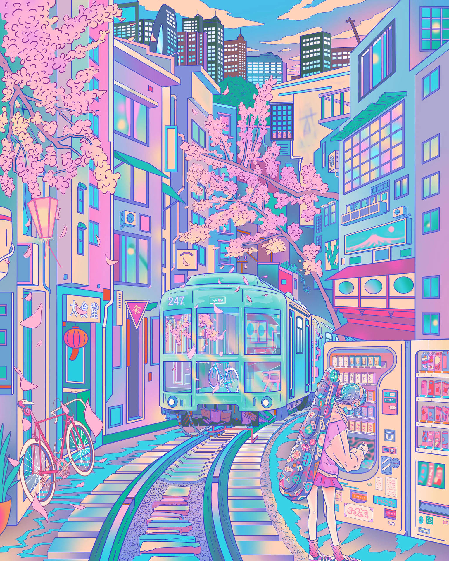 Train Going Into A Pastel Japanese Aesthetic City