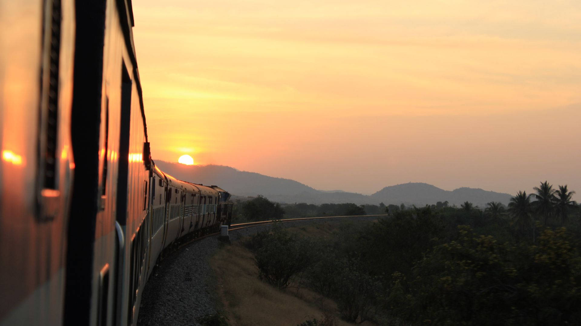 Train Journey During Sunset Background