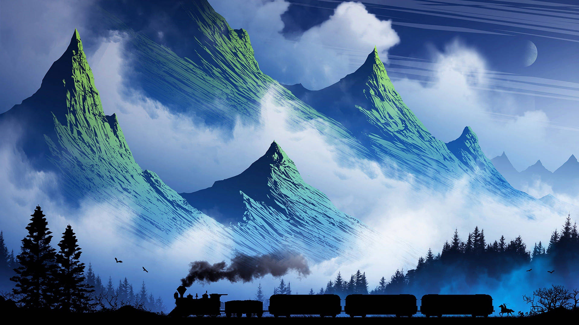 Train Passing Mountains Art Drawing