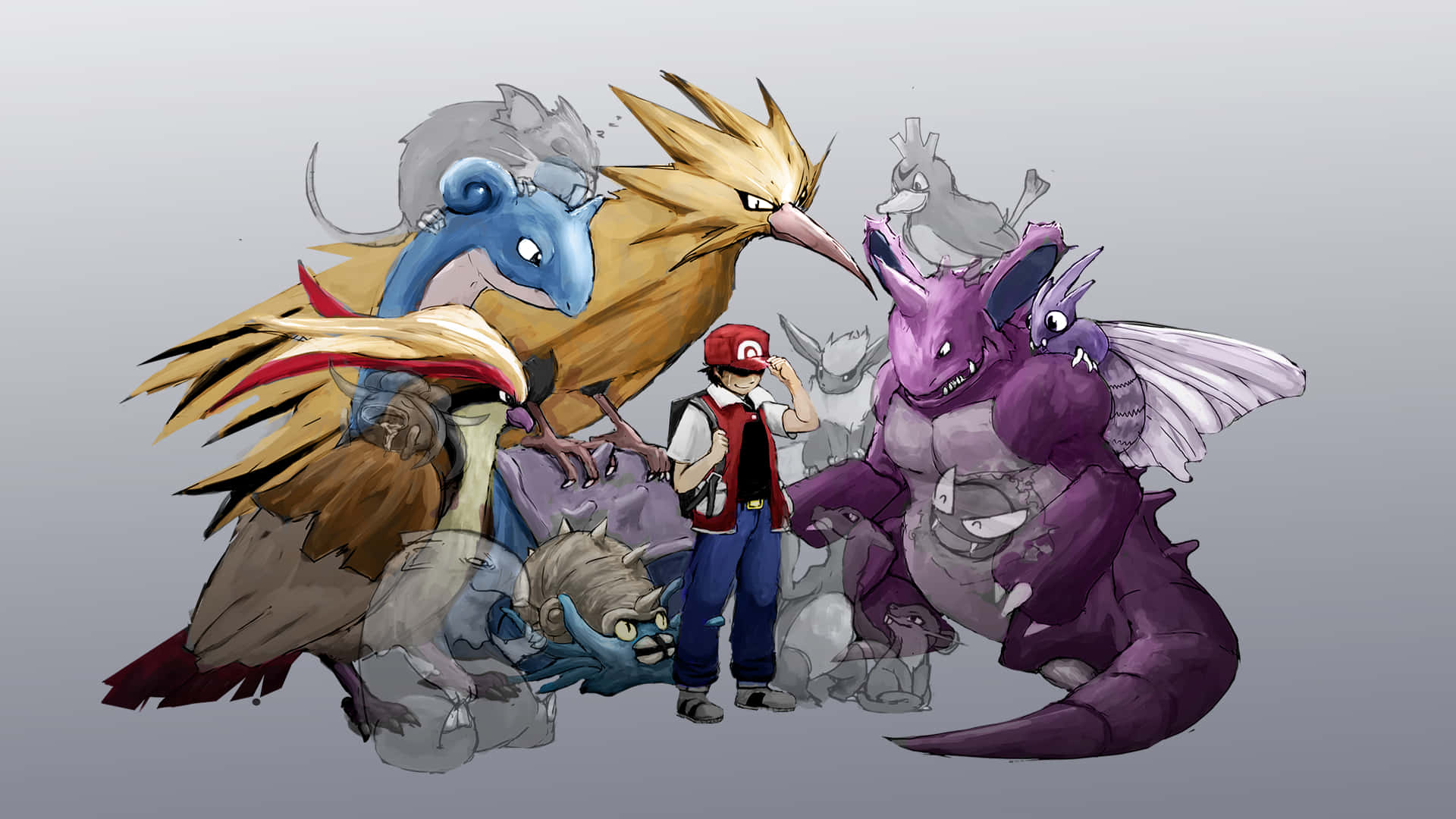 Trainer Red With Venomoth And Other Pokémon Background