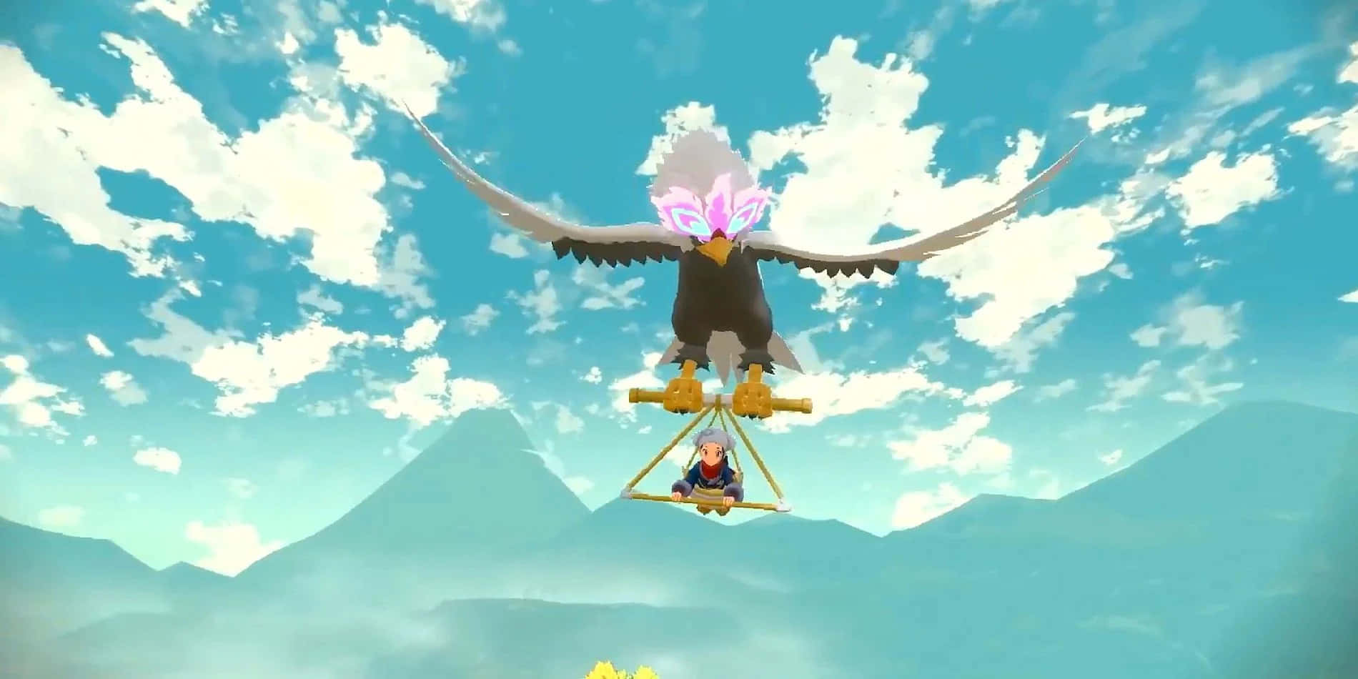 Trainer Riding A Glider Carried By Braviary Background