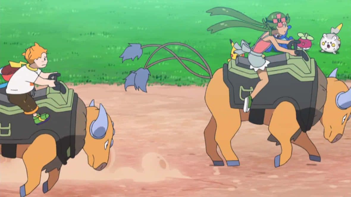 Trainers Riding Tauros In Anime Background