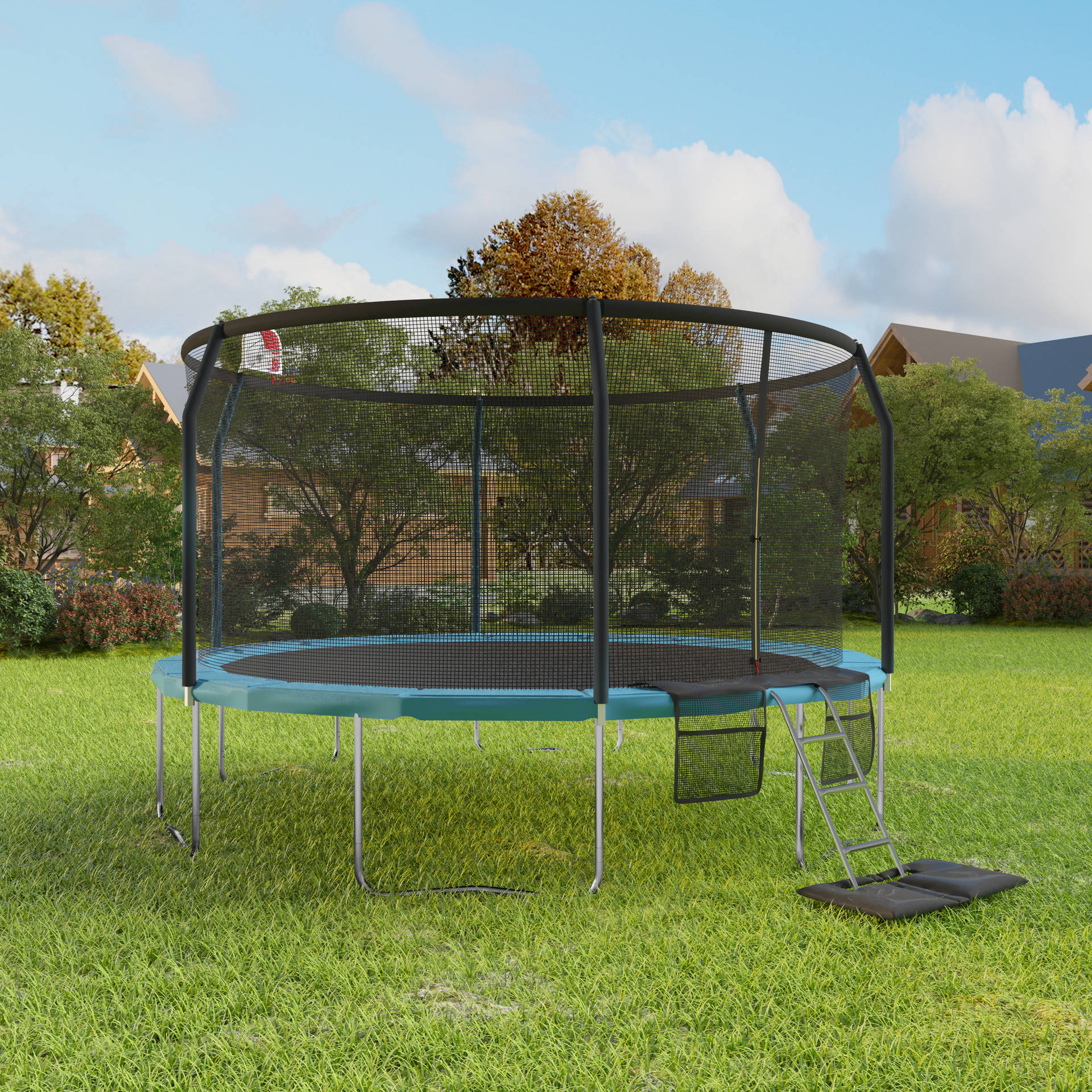 Trampoline With Safety Net On The Field Background