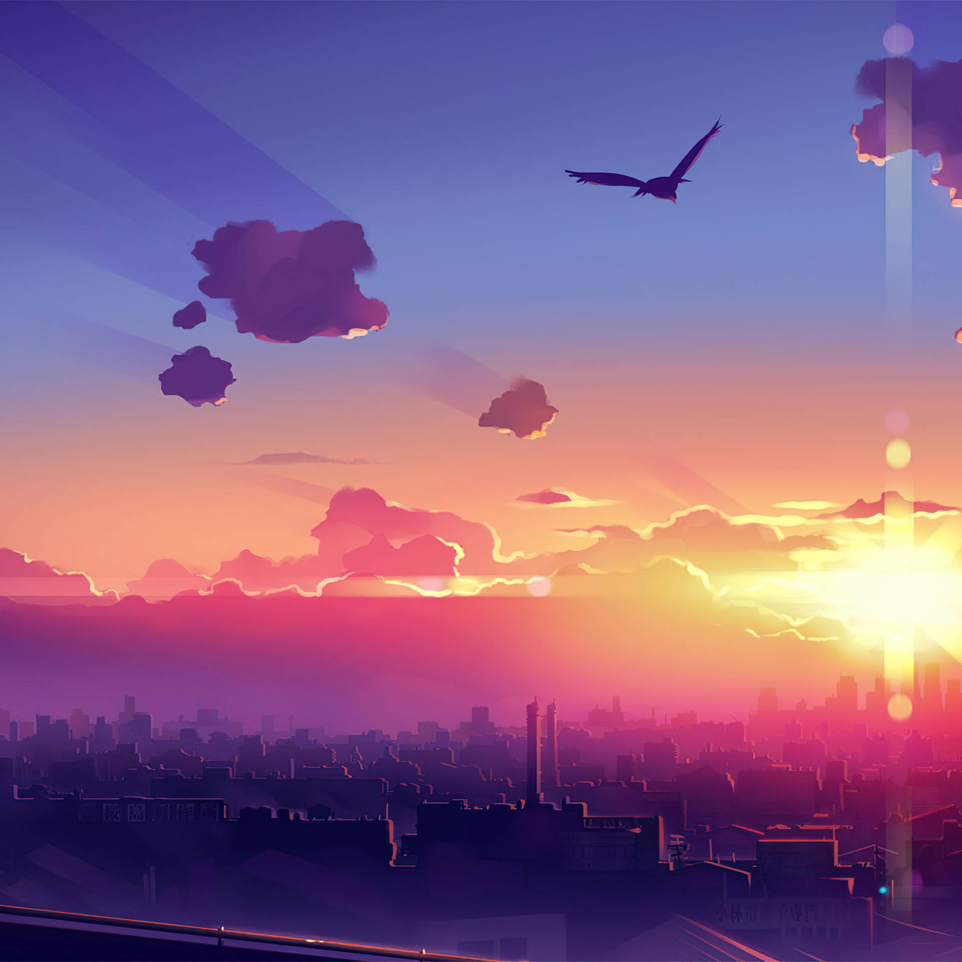 Tranquil Anime City During Sunset On An Ipad