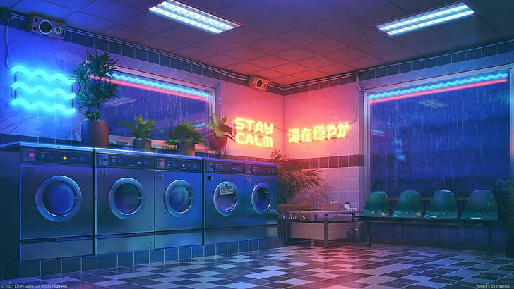 Tranquil Cityscape With Retro 4k Lo-fi Vibe Laundry Shop Background