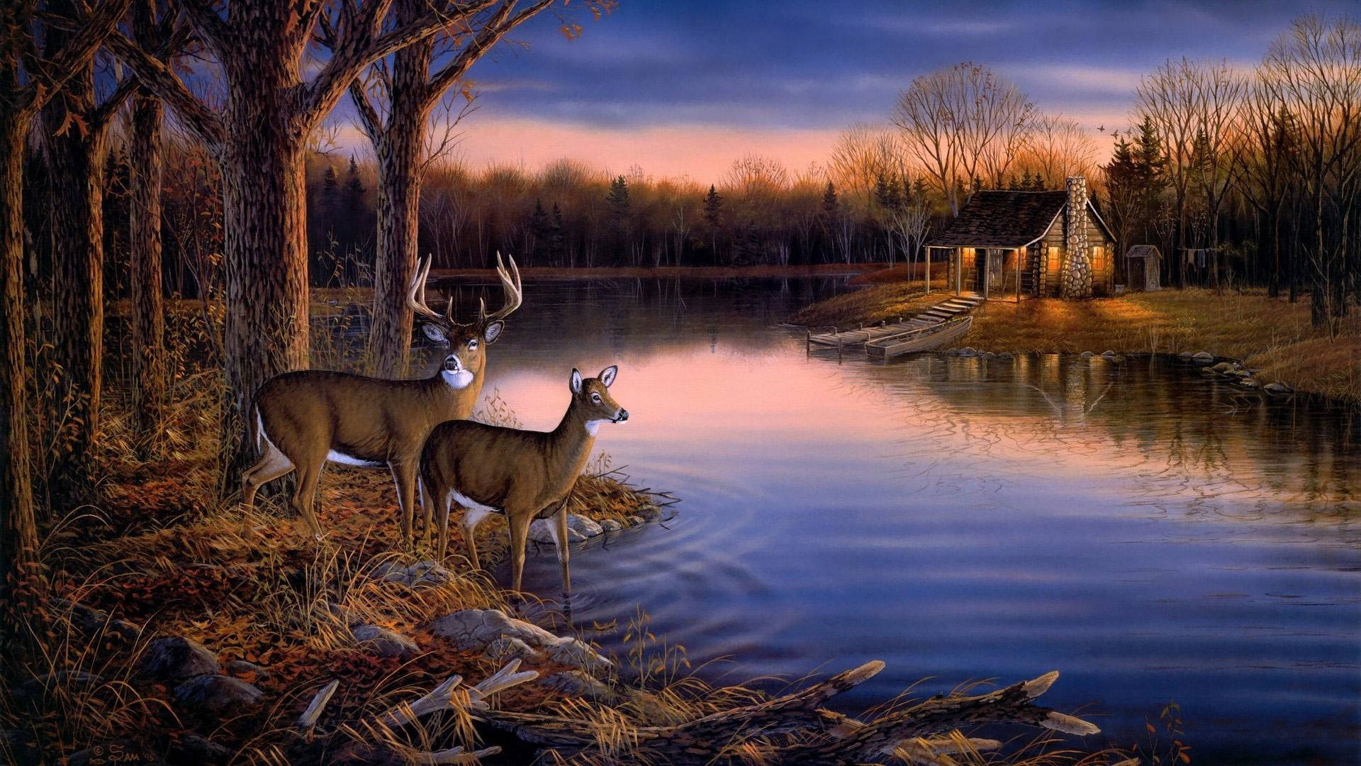 Tranquil Deer Hunting Painting Art Background