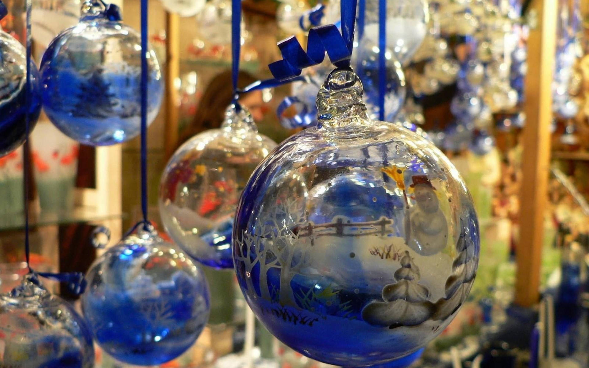 Transparent Blue Glass Christmas Balls Background