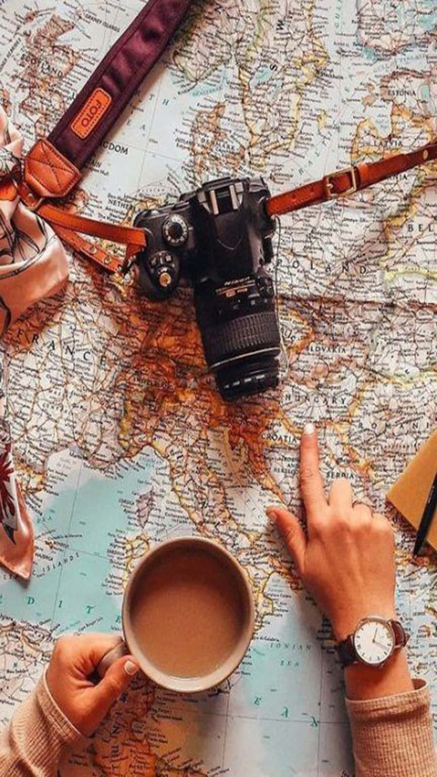 Travel Aesthetic Phone Coffee And Camera Background