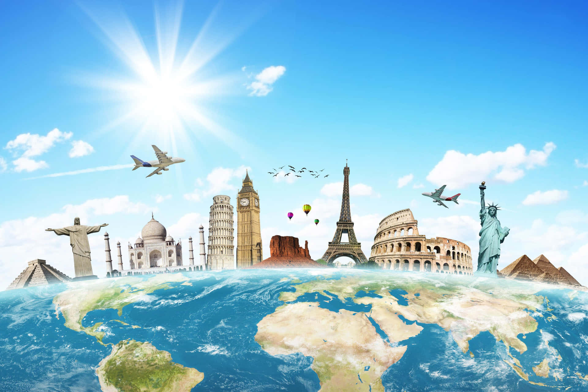 Travel Around The World Concept With Airplanes And Landmarks Background