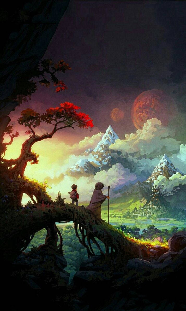 Travelers Overlooking Fantasy Landscape Phone Background