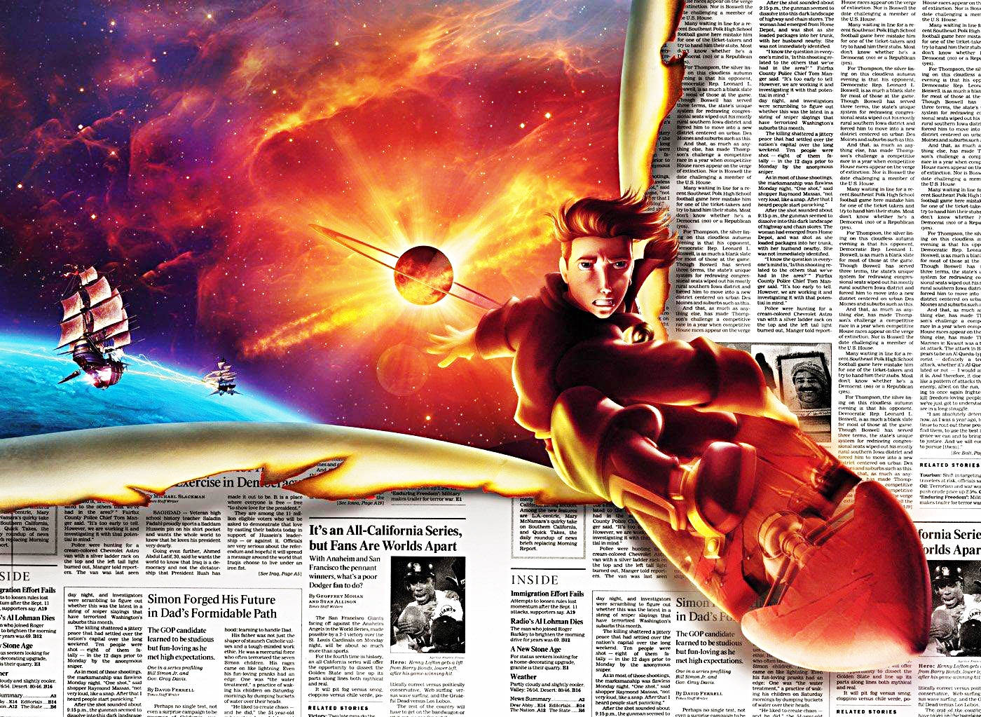 Treasure Planet Jim Hawkins Flying Through Newspaper Background