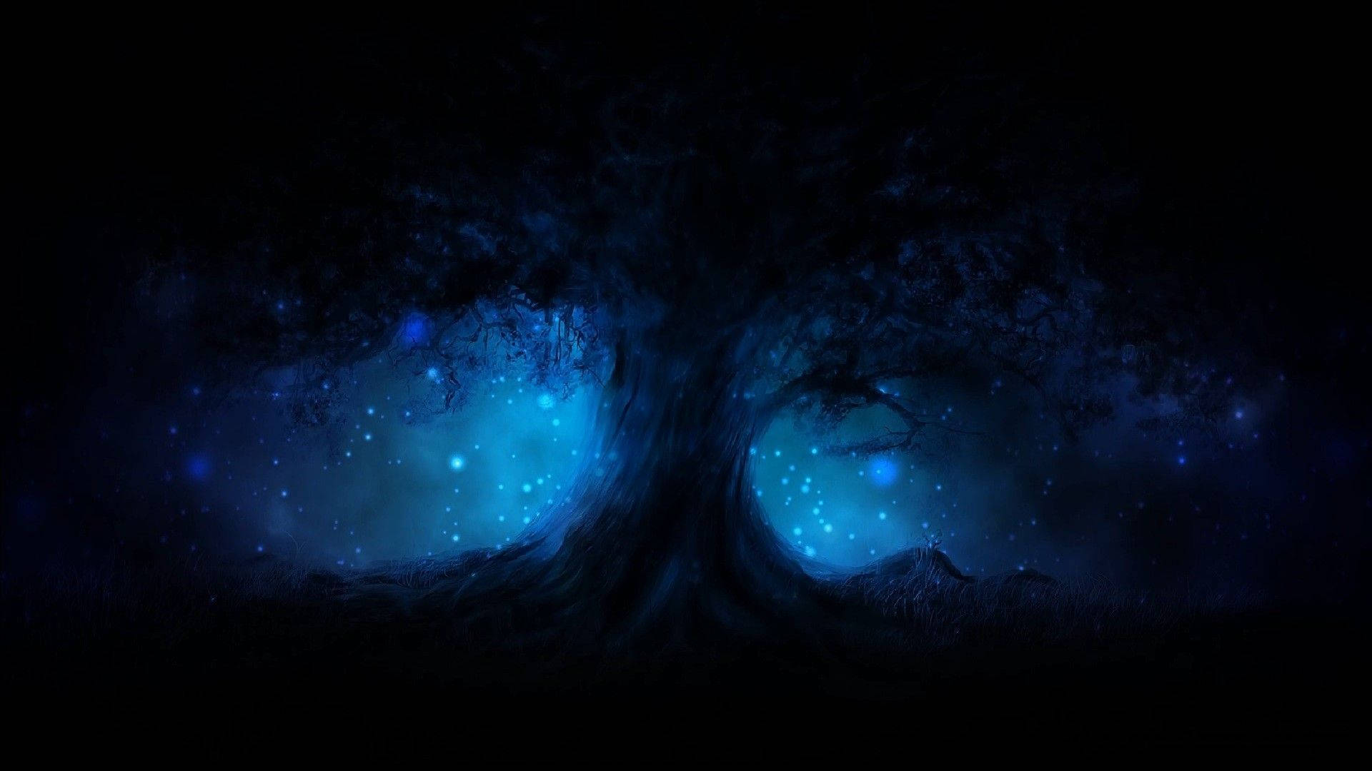 Tree Silhouette Dark And Blue Aesthetic Laptop Background