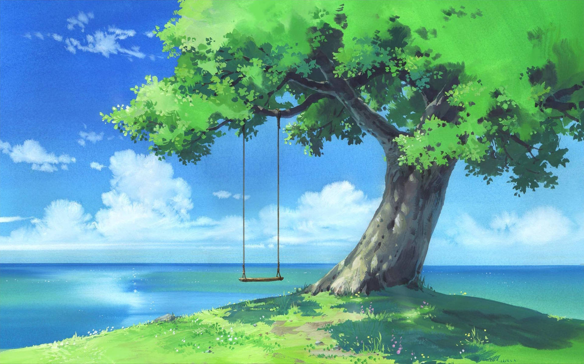 Tree Swing Green Anime Aesthetic Background