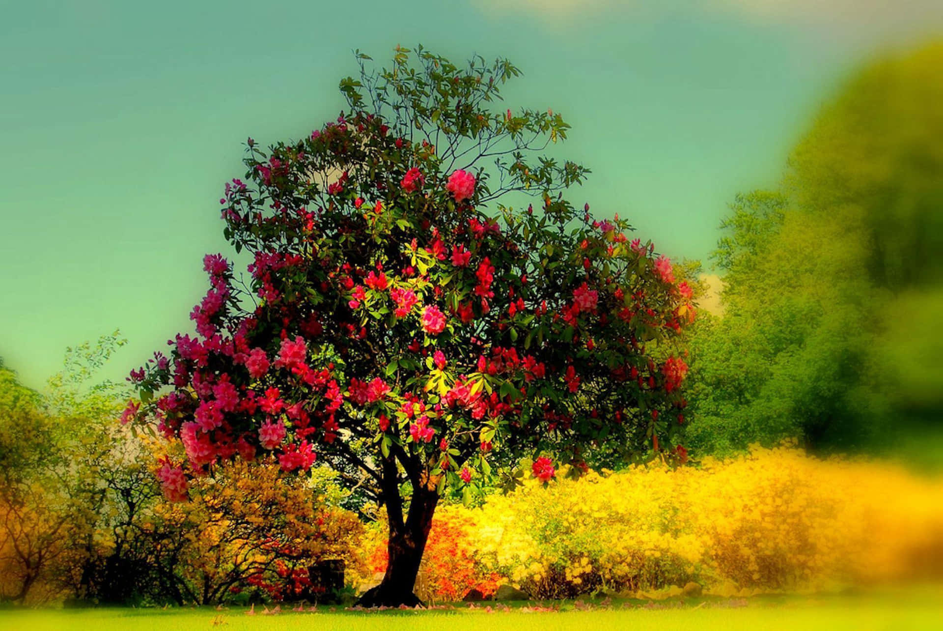 Tree With Red Flowers Vintage Photograph Background