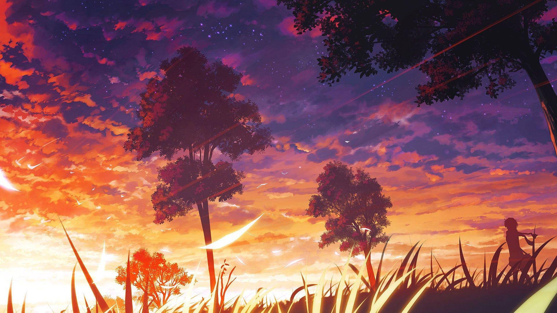 Trees And Clouds Anime Aesthetic Sunset