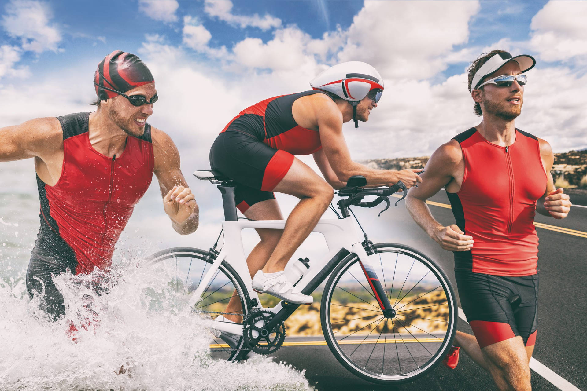 Triathlon Athlete In Red Background