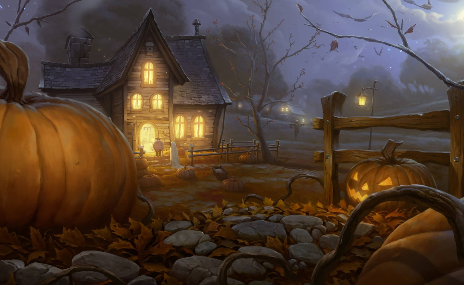 Trick Or Treat Pumpkins Scary House Background