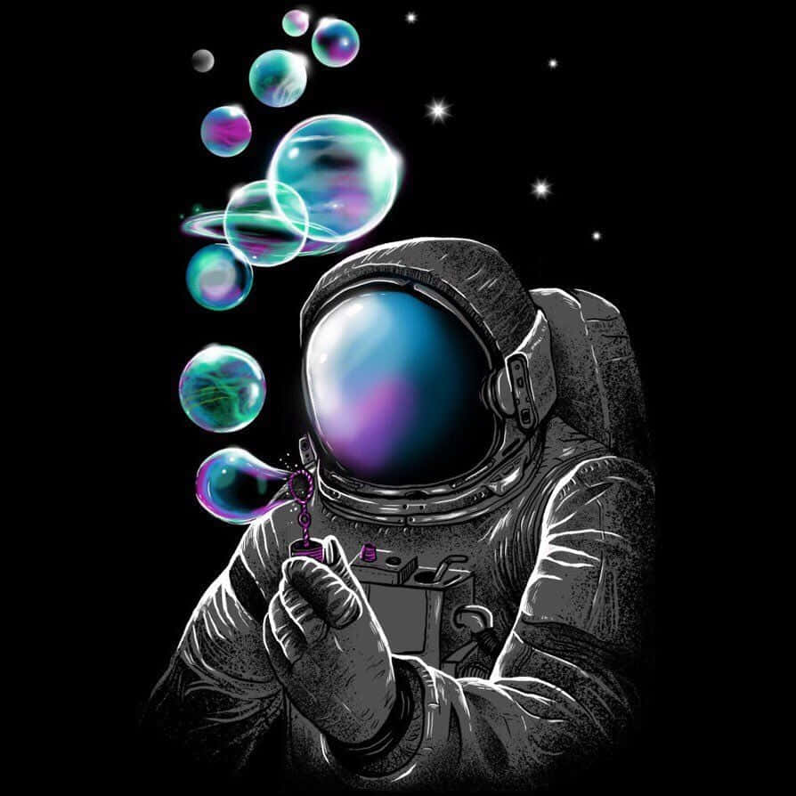 Trippy Astronaut In Space Blowing Blue Planet Bubbles Background