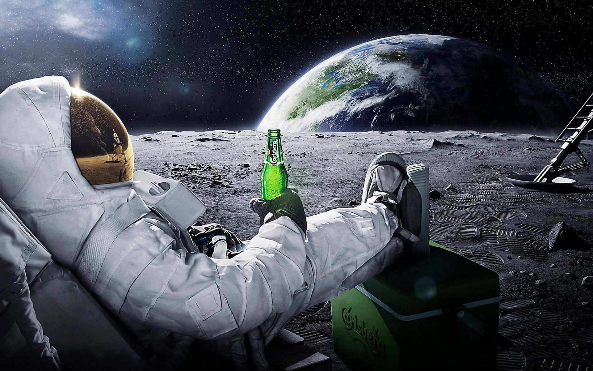 Trippy Astronaut In Space Drinking Carlsberg Background