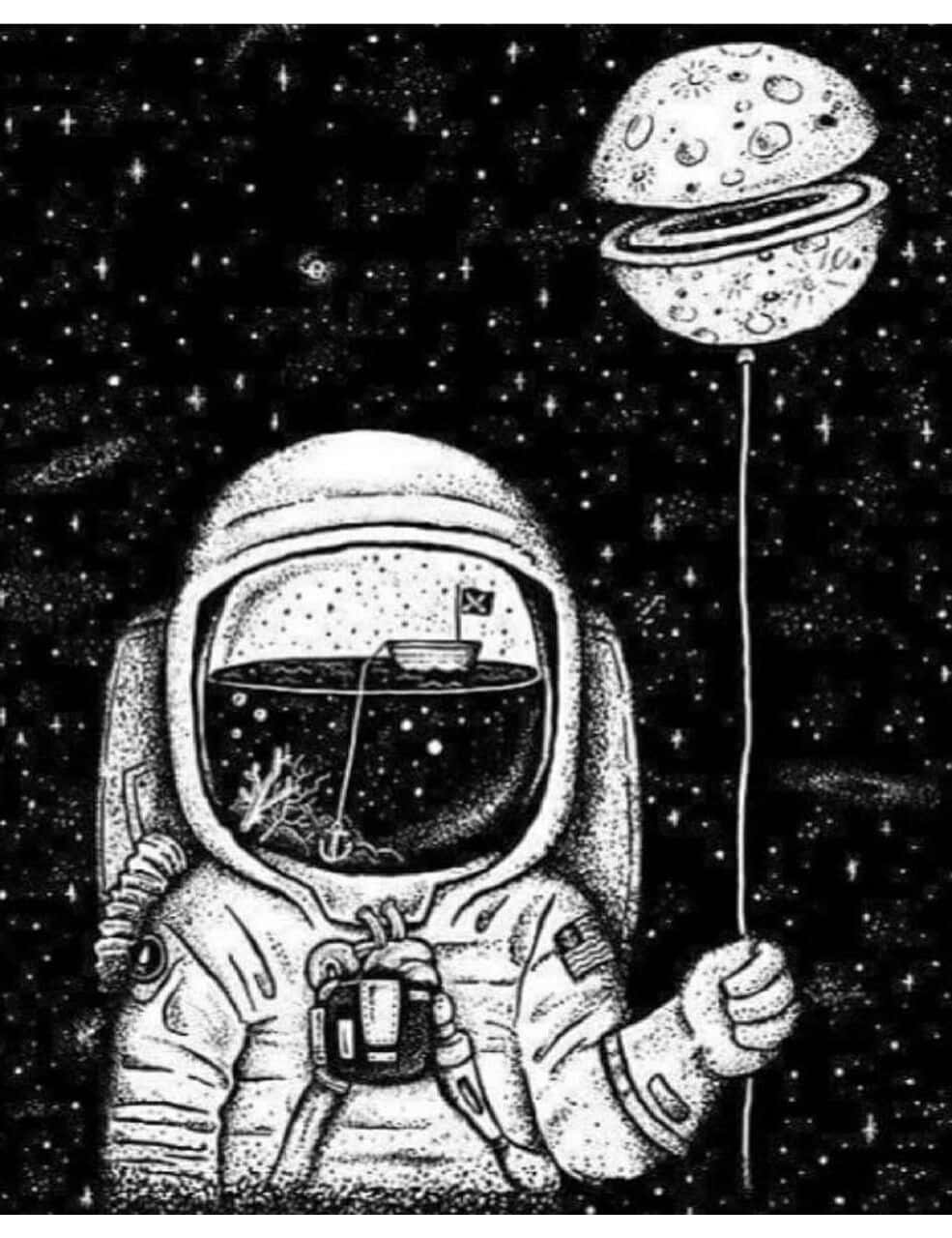 Trippy Astronaut In Space With Balloon Planet Background