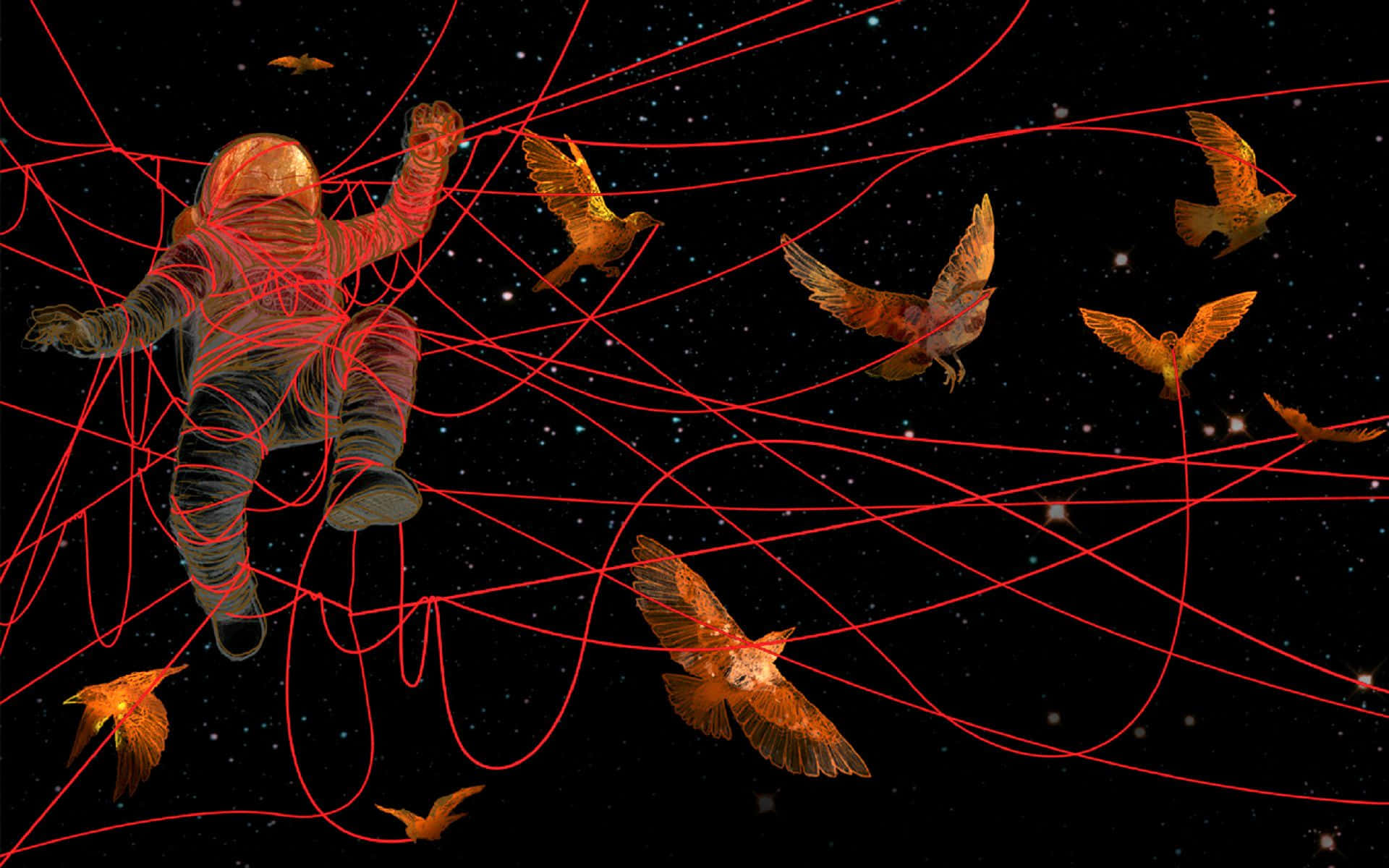 Trippy Astronaut In Space With Red Strings And Birds Background