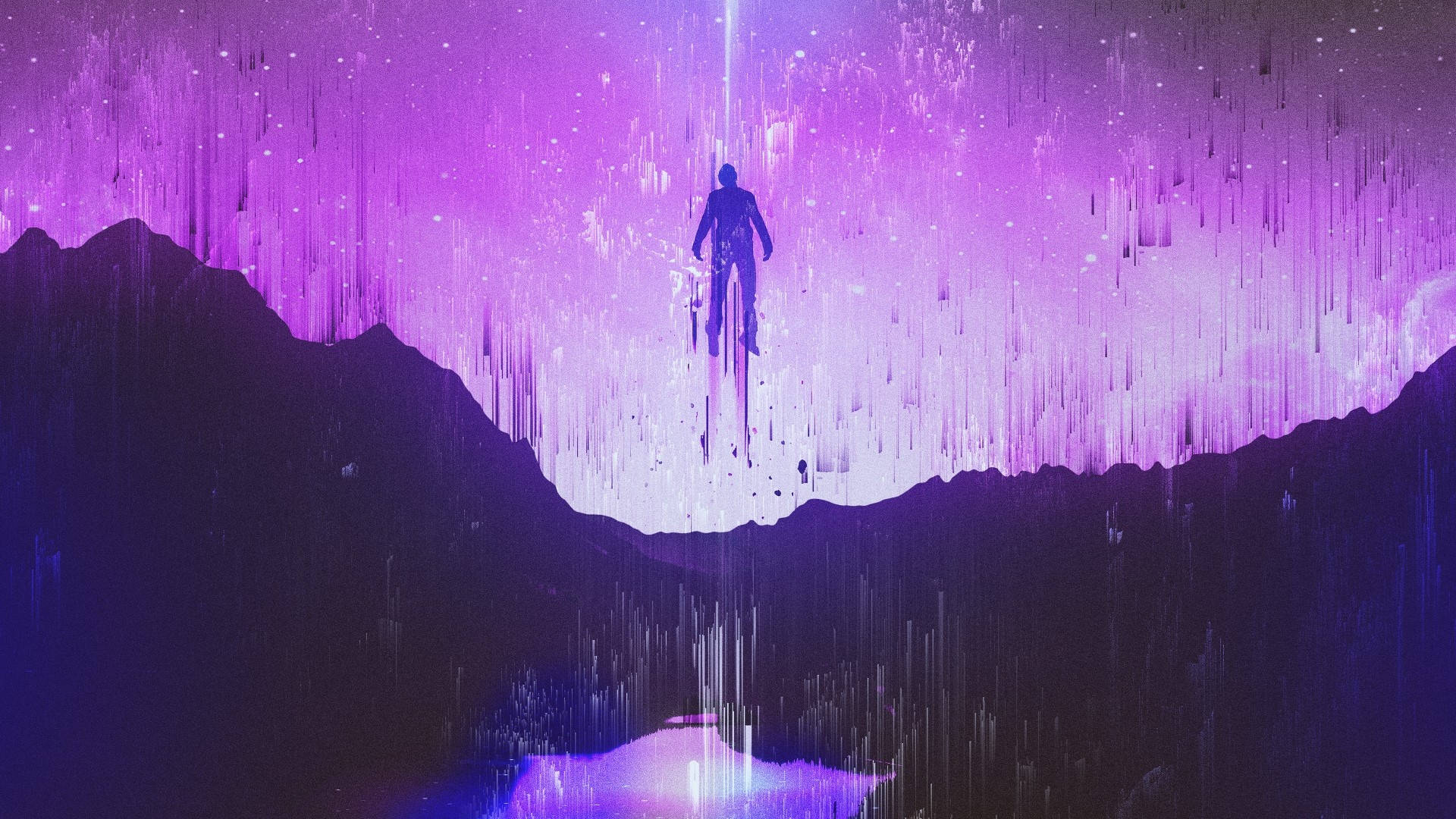 Trippy Dark Man Floating In Purple Sky Background