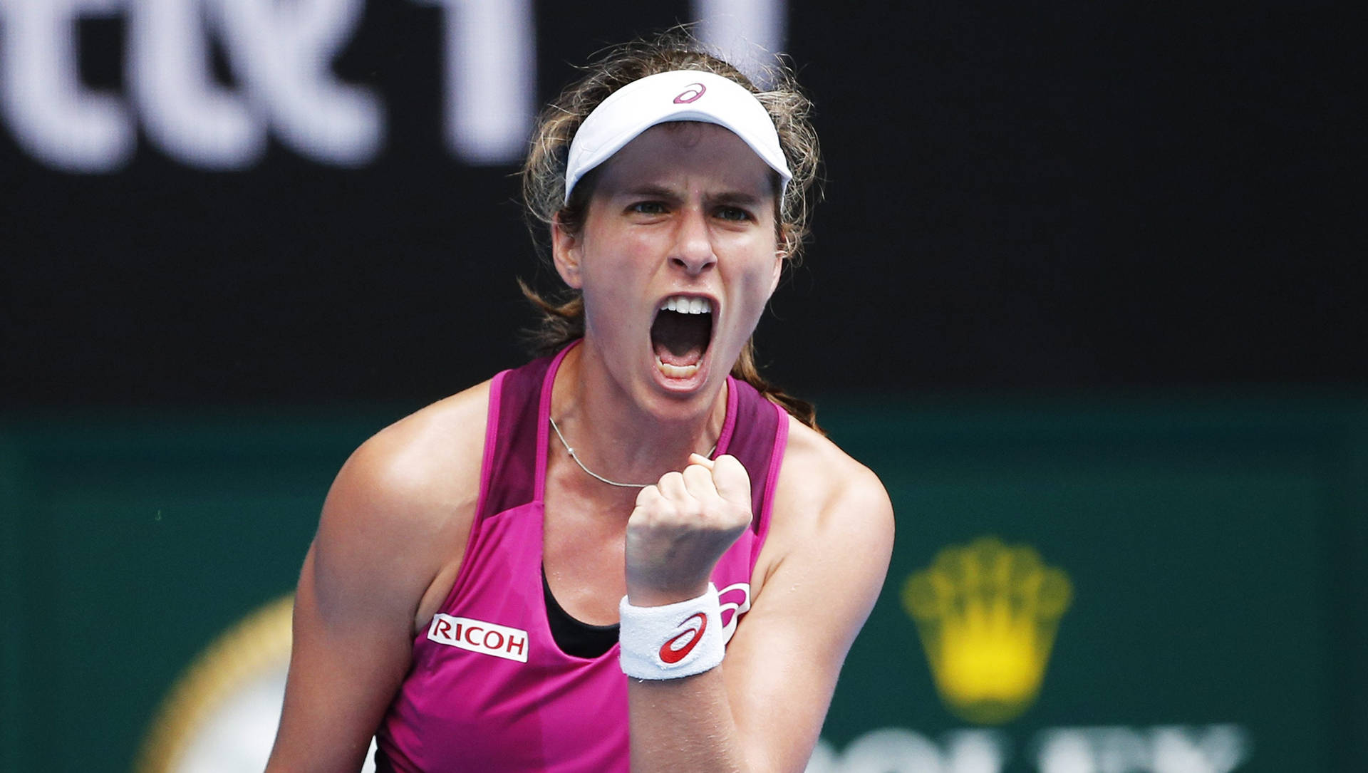 Triumphant Johanna Konta Celebrating On The Tennis Court Background