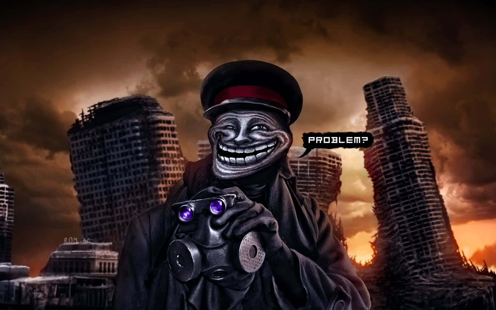 Troll Face Meme Laptop Apocalyptic Background