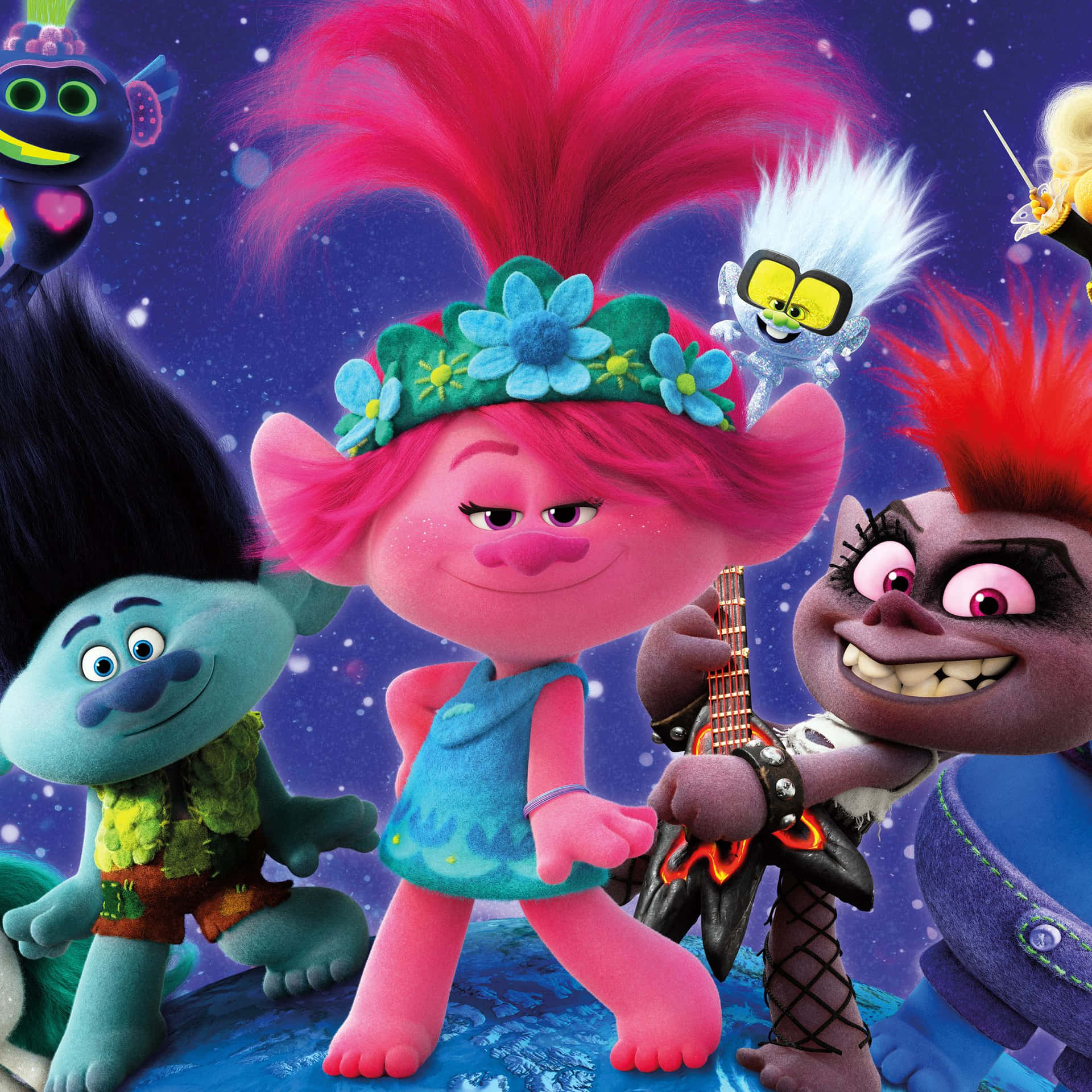 Trolls Movie Poster With A Group Of Characters Background