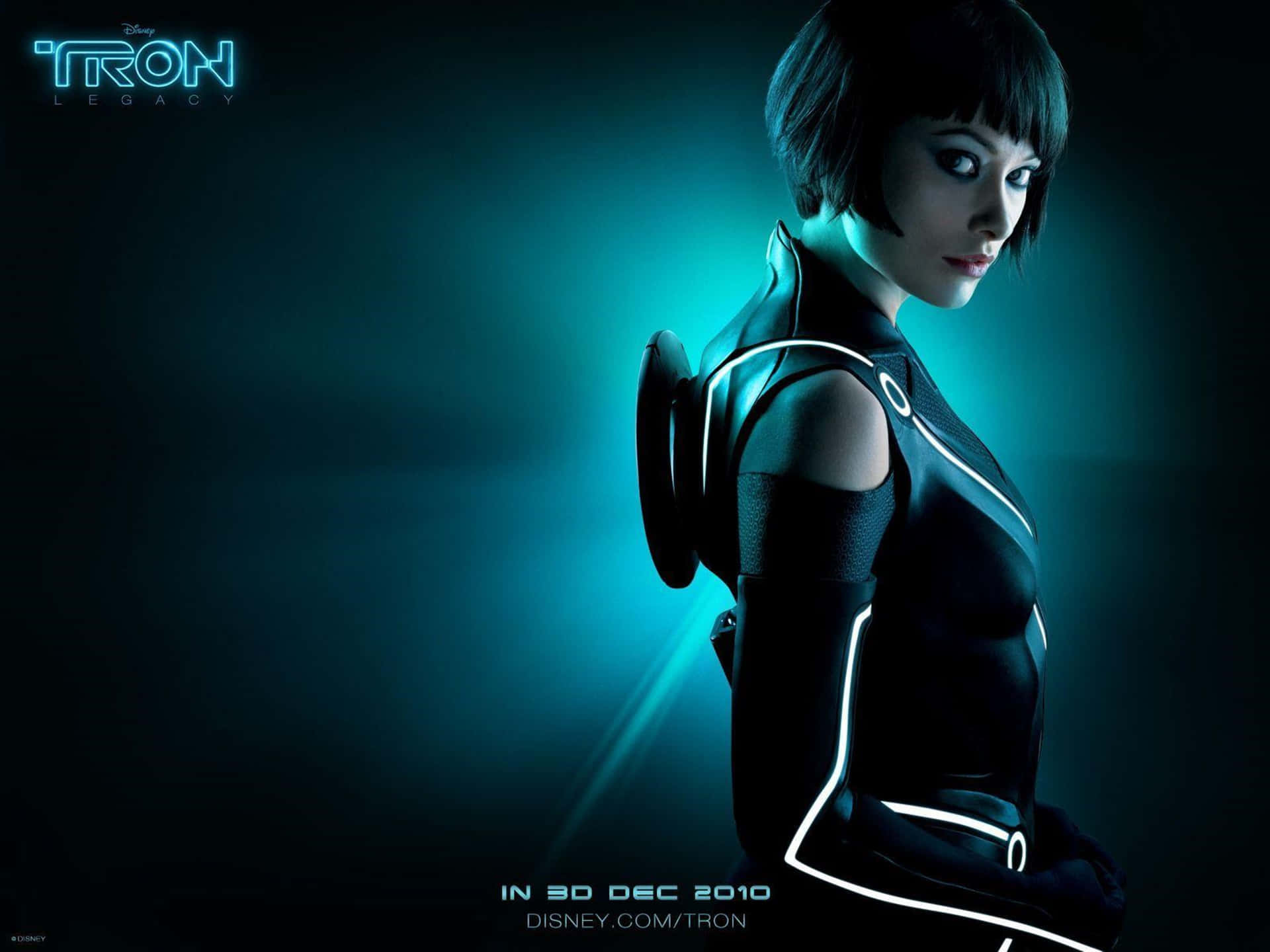 Tron Movie Poster With A Woman In A Neon Costume Background