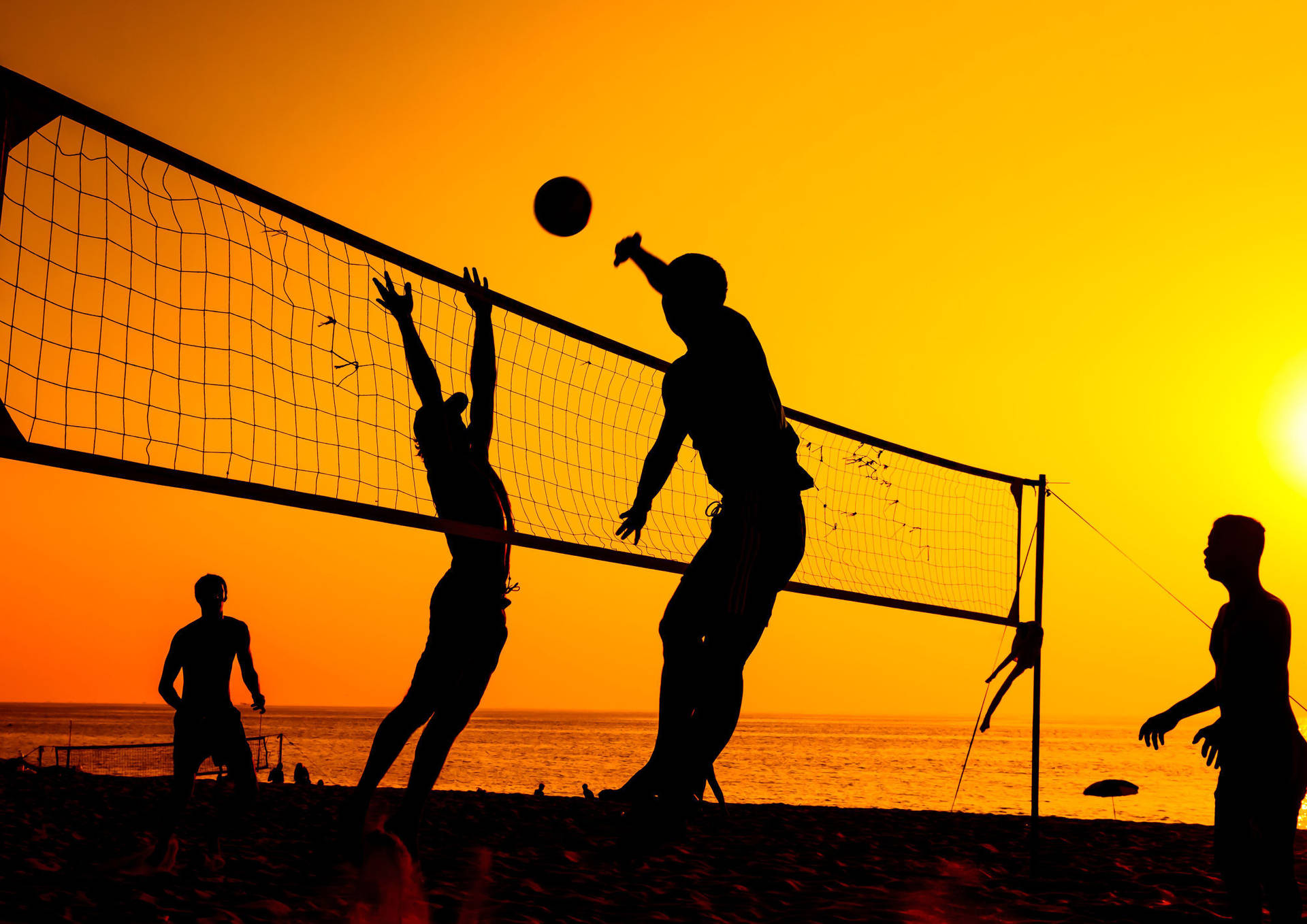 Tropical Beach Volleyball Men Silhouette Background