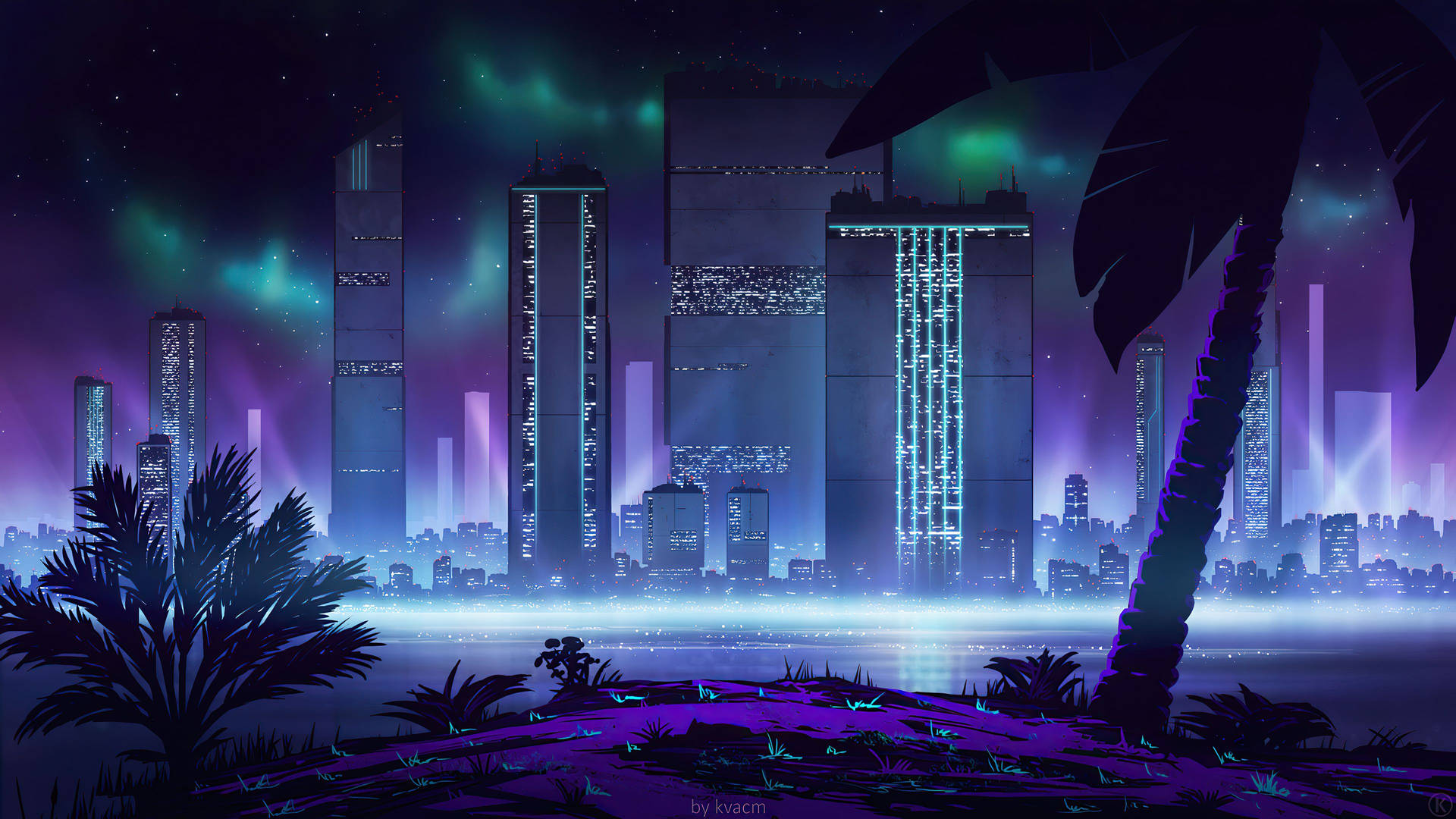 Tropical City Aesthetic Purple Neon Computer Background