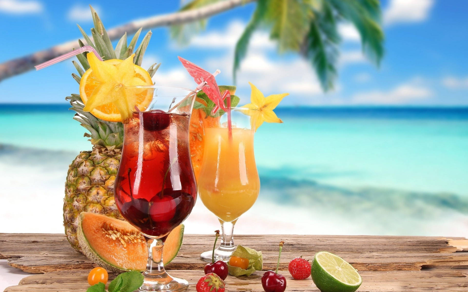 Tropical Drinks At The Beach Background