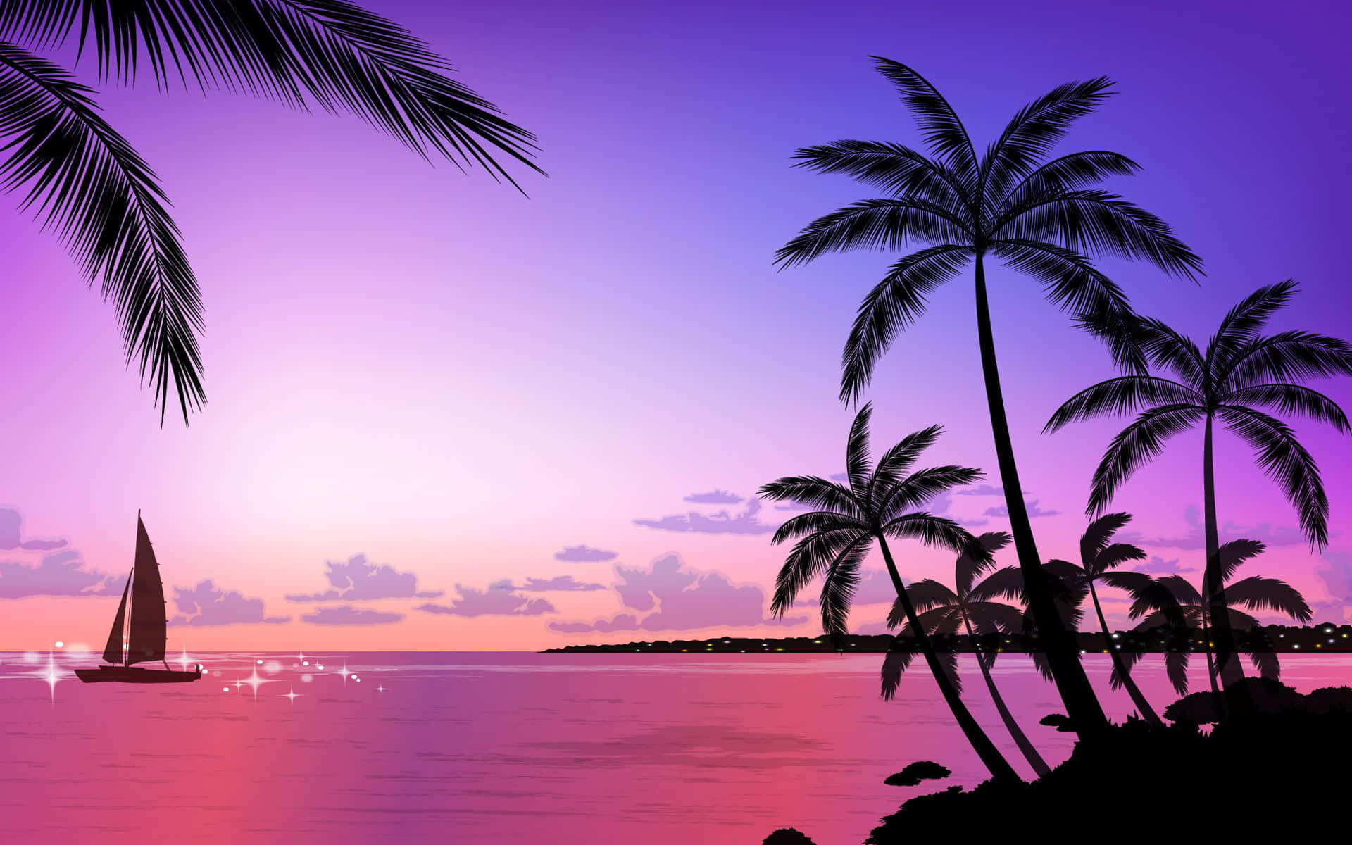 Tropical Sunset Drawing Violet And Purple Skies Background