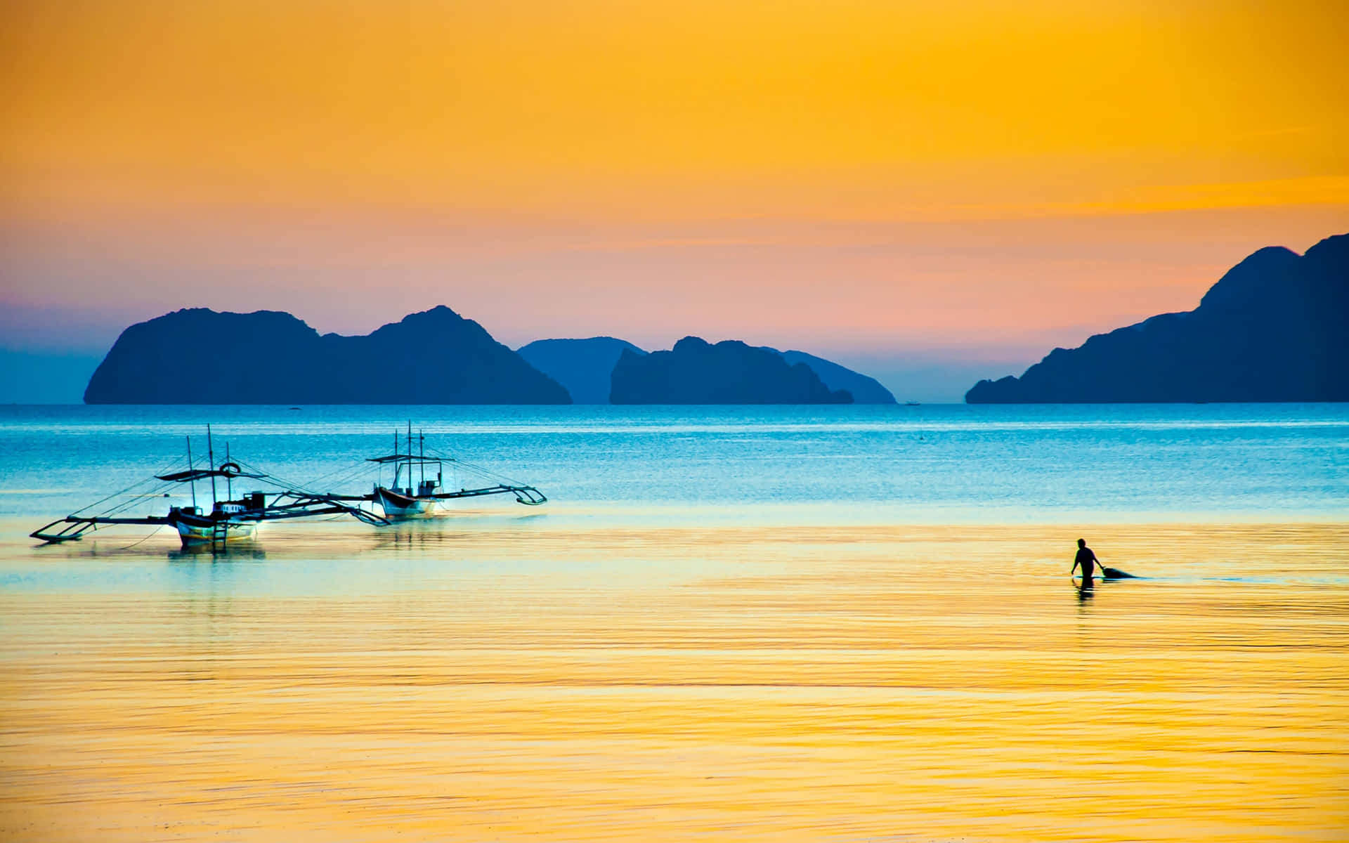 Tropical Sunset Fishing Boats Silhouette Background