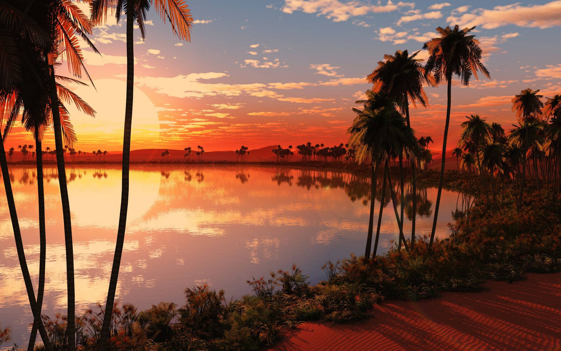 Tropical Sunset Lake Paradise