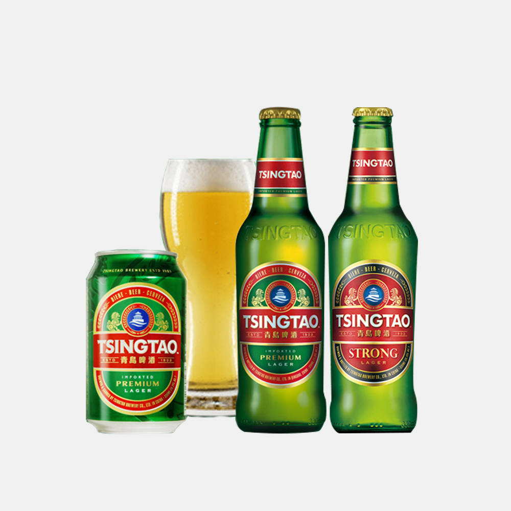 Tsingtao Beer Bottle Can And Pint Glass Background